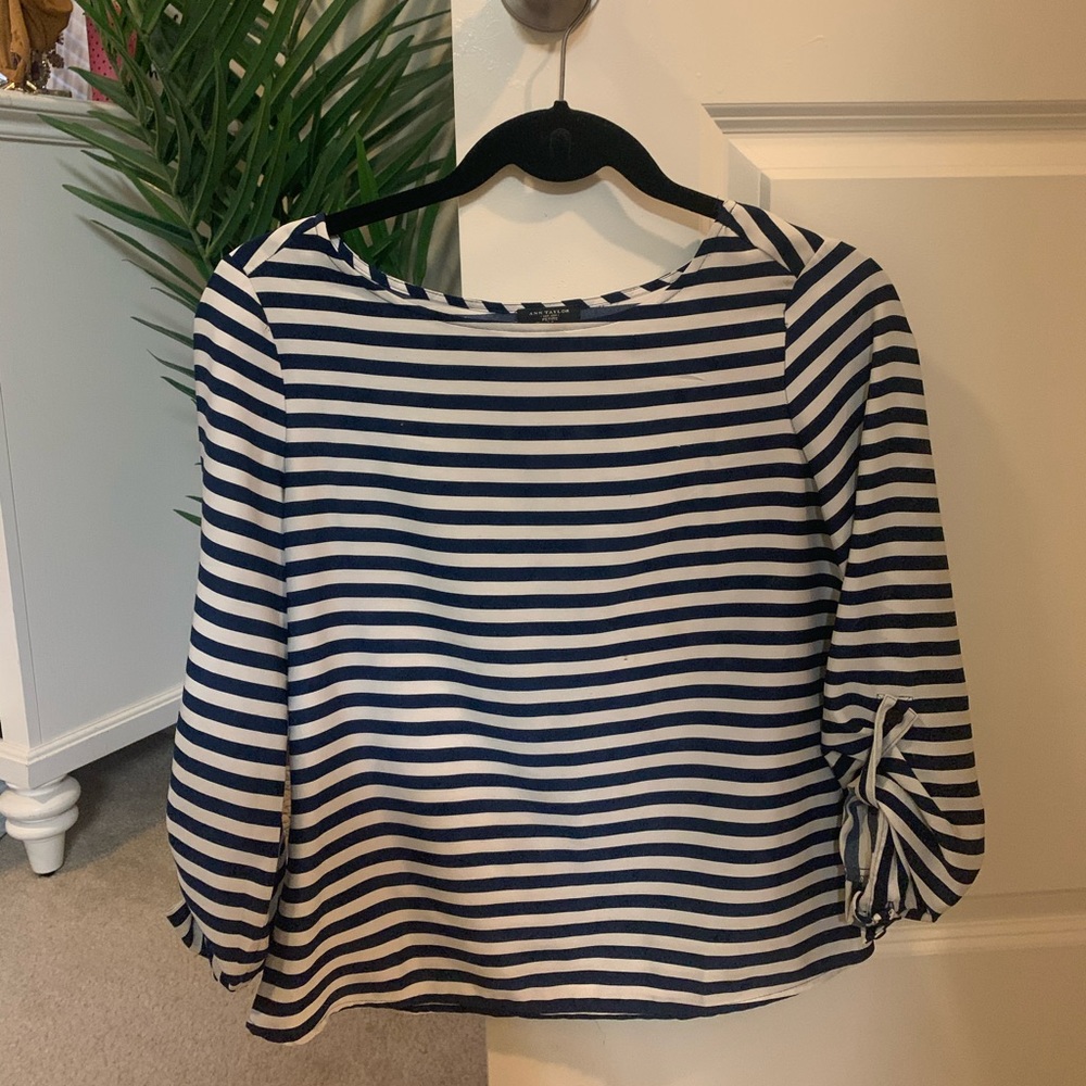 Ann Taylor Navy and White Striped Blouse XSP